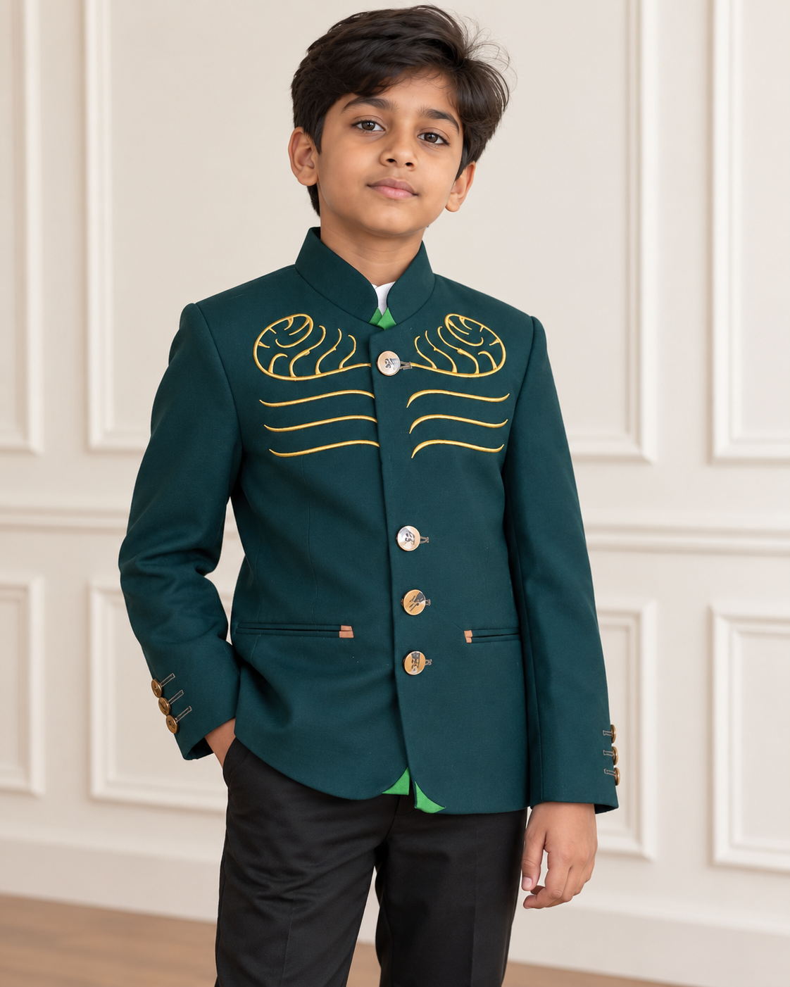 Indian boy modeling Boys Deluxe Rich Green Blazer - front view