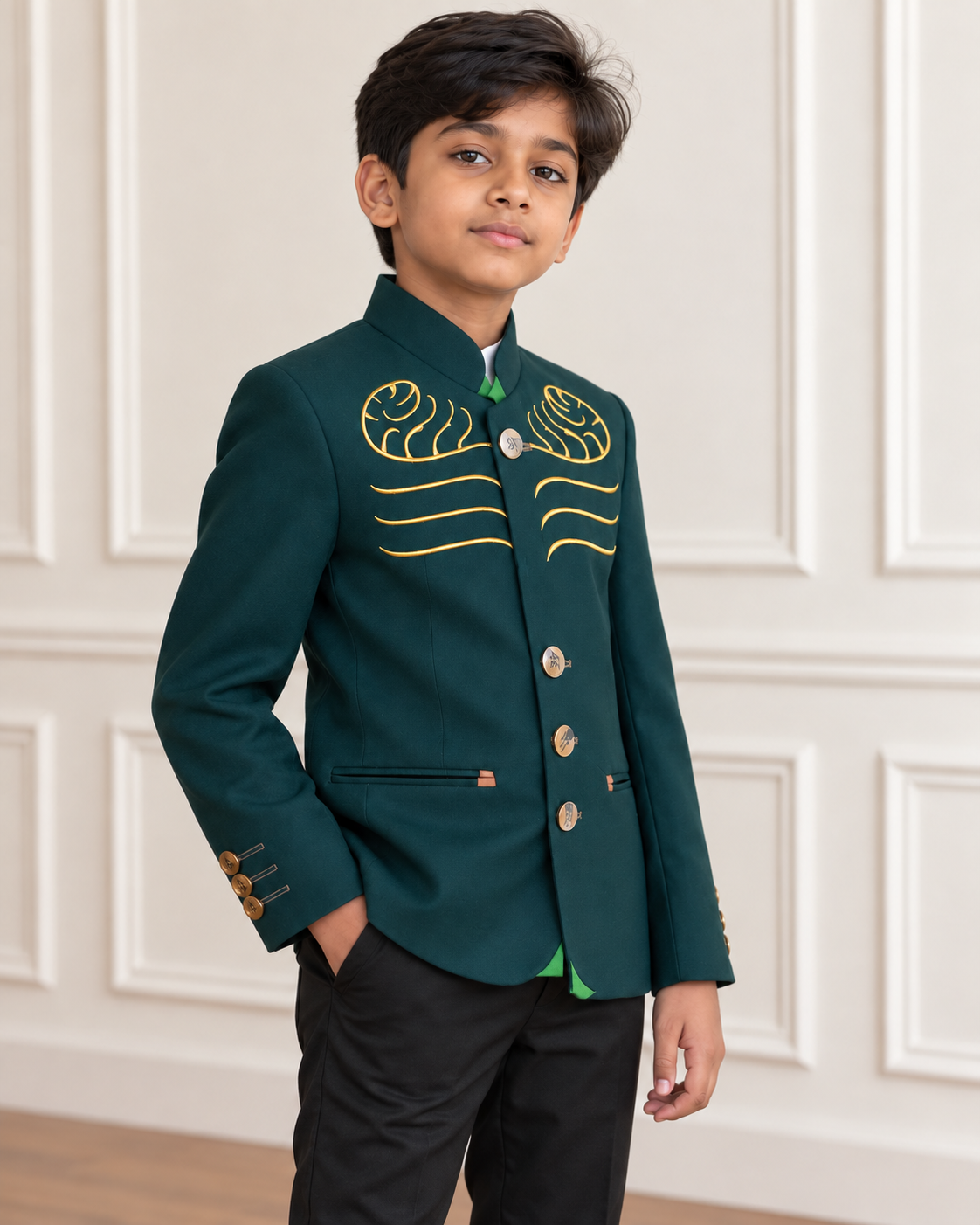 Indian boy modeling Boys Deluxe Rich Green Blazer - angled view