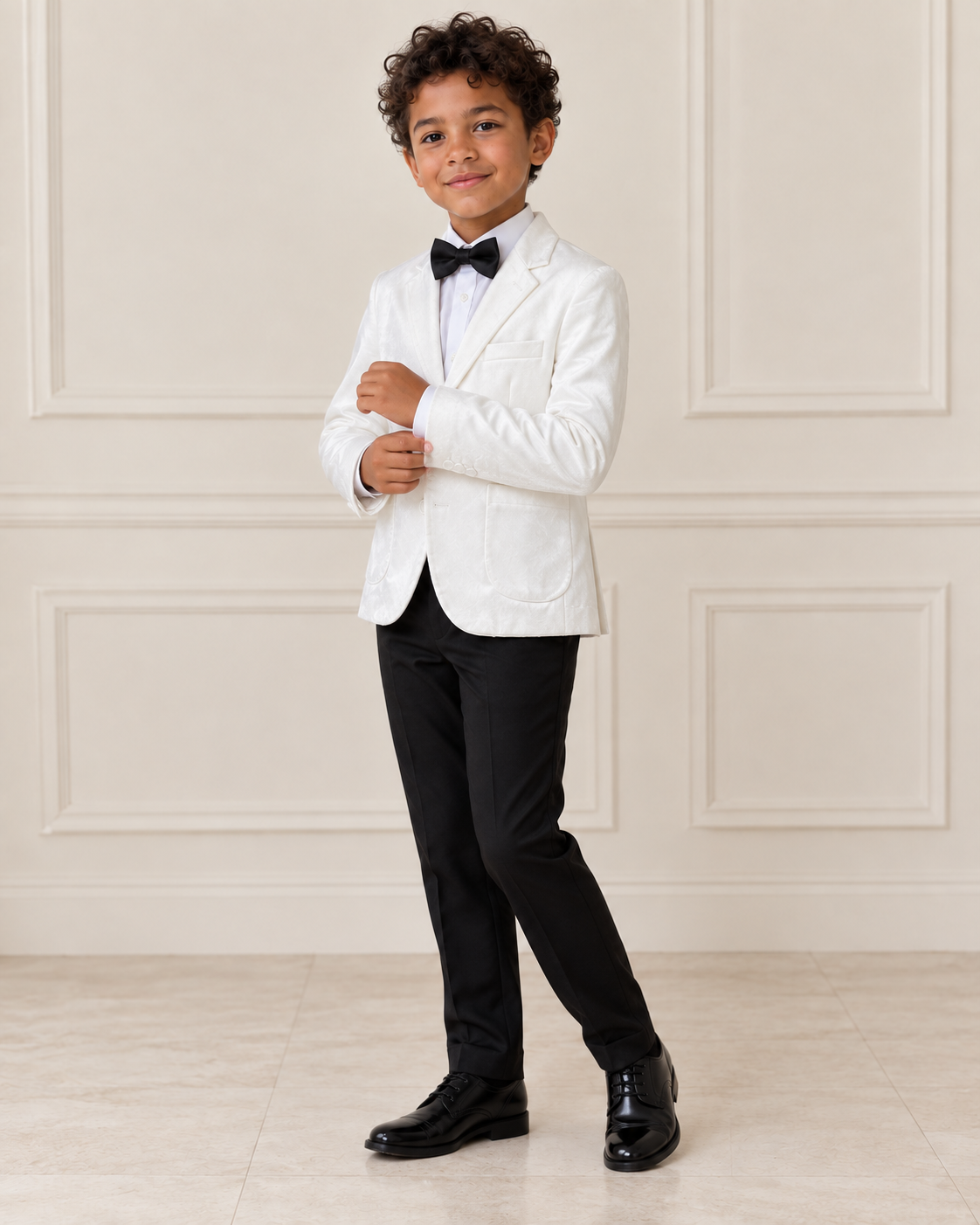 Mixed-race boy wearing the Boys White Velvet Stylish Blazer, angled view