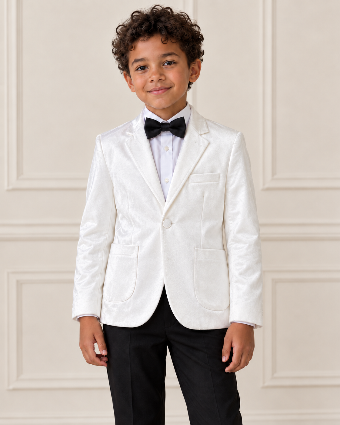 Mixed-race boy modeling the Boys White Velvet Stylish Blazer, detail view