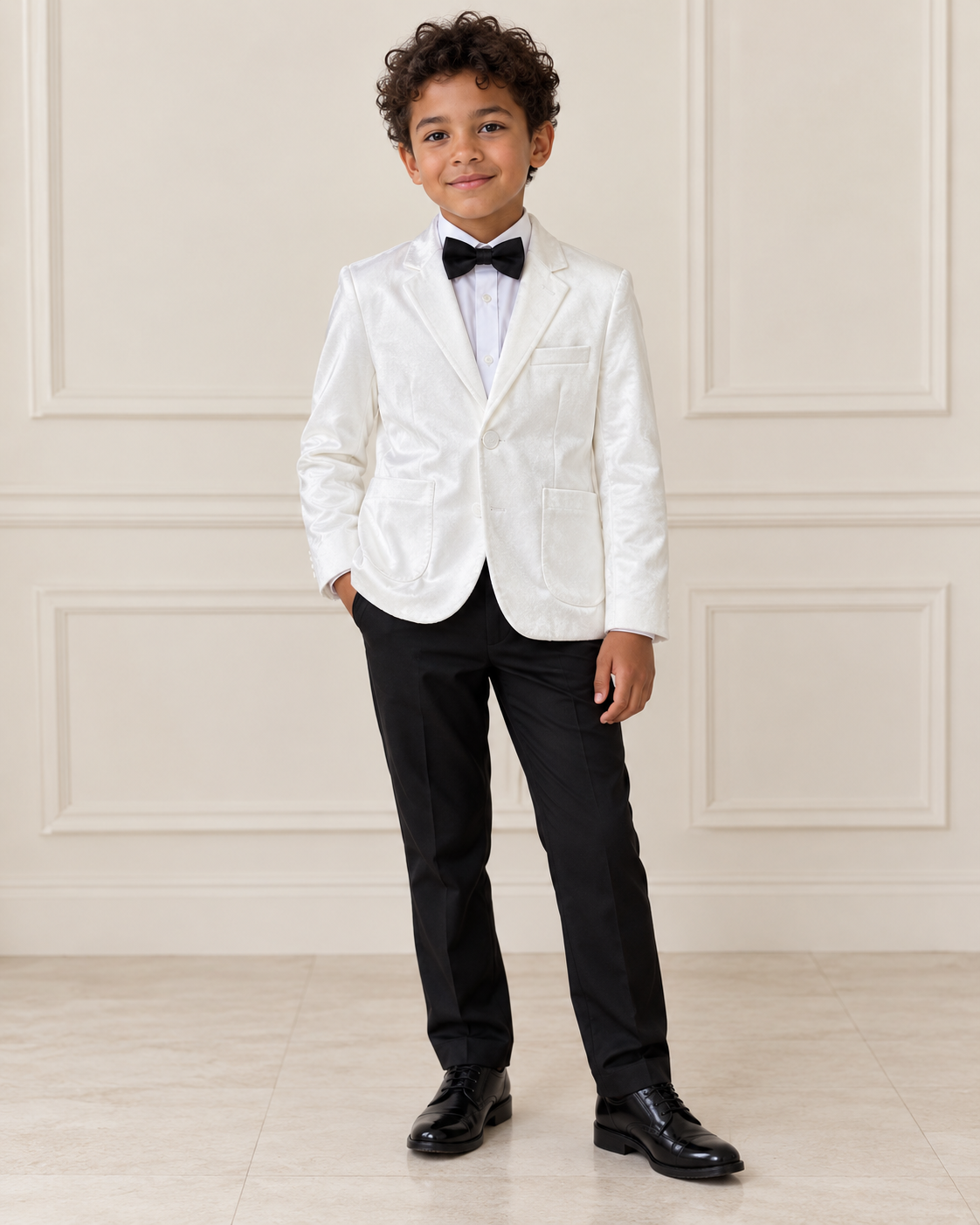Mixed-race boy wearing the Boys White Velvet Stylish Blazer, front view