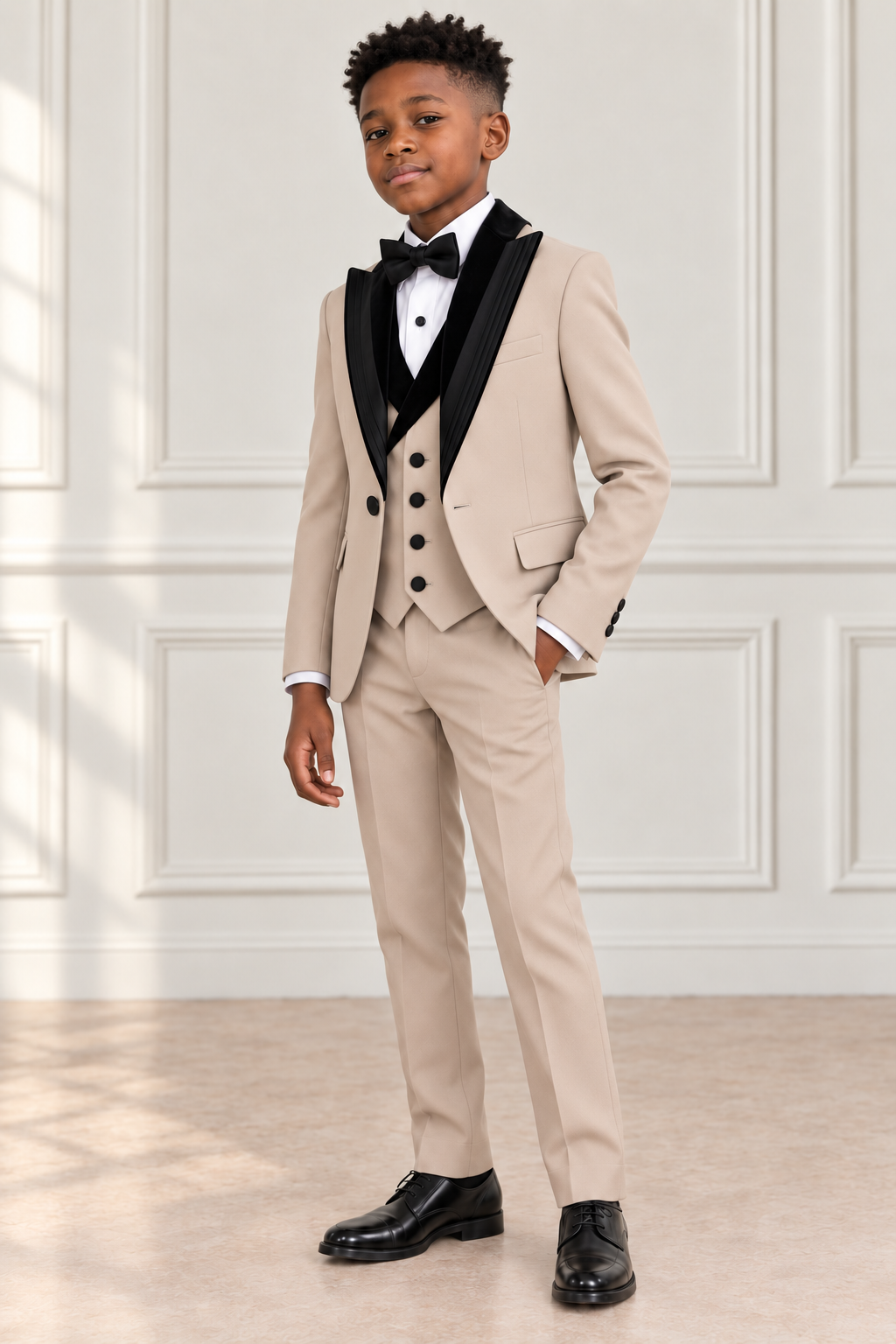 Black boy wearing beige tuxedo with black velvet collar, angled view