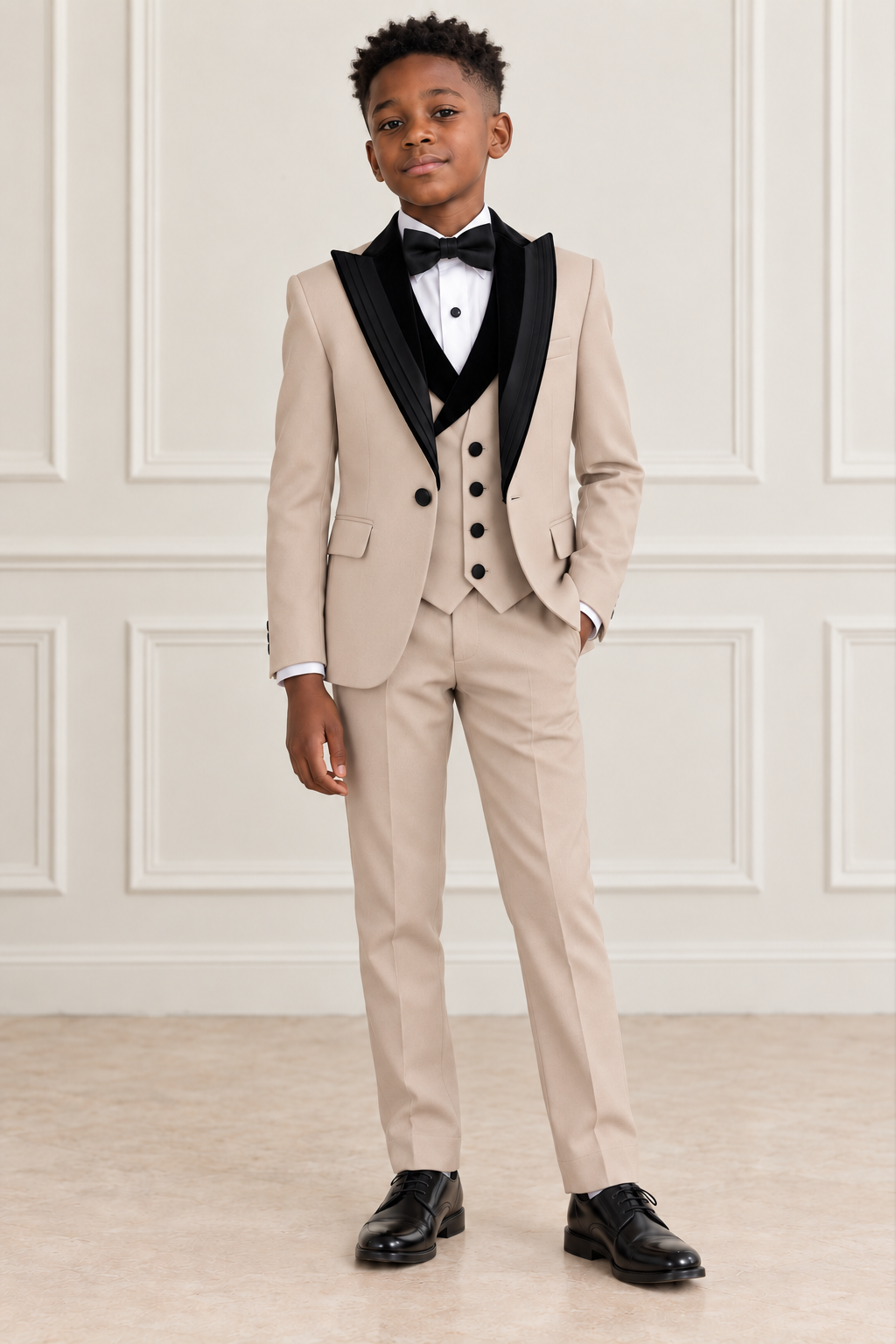 Black boy wearing beige tuxedo with black velvet collar, front view