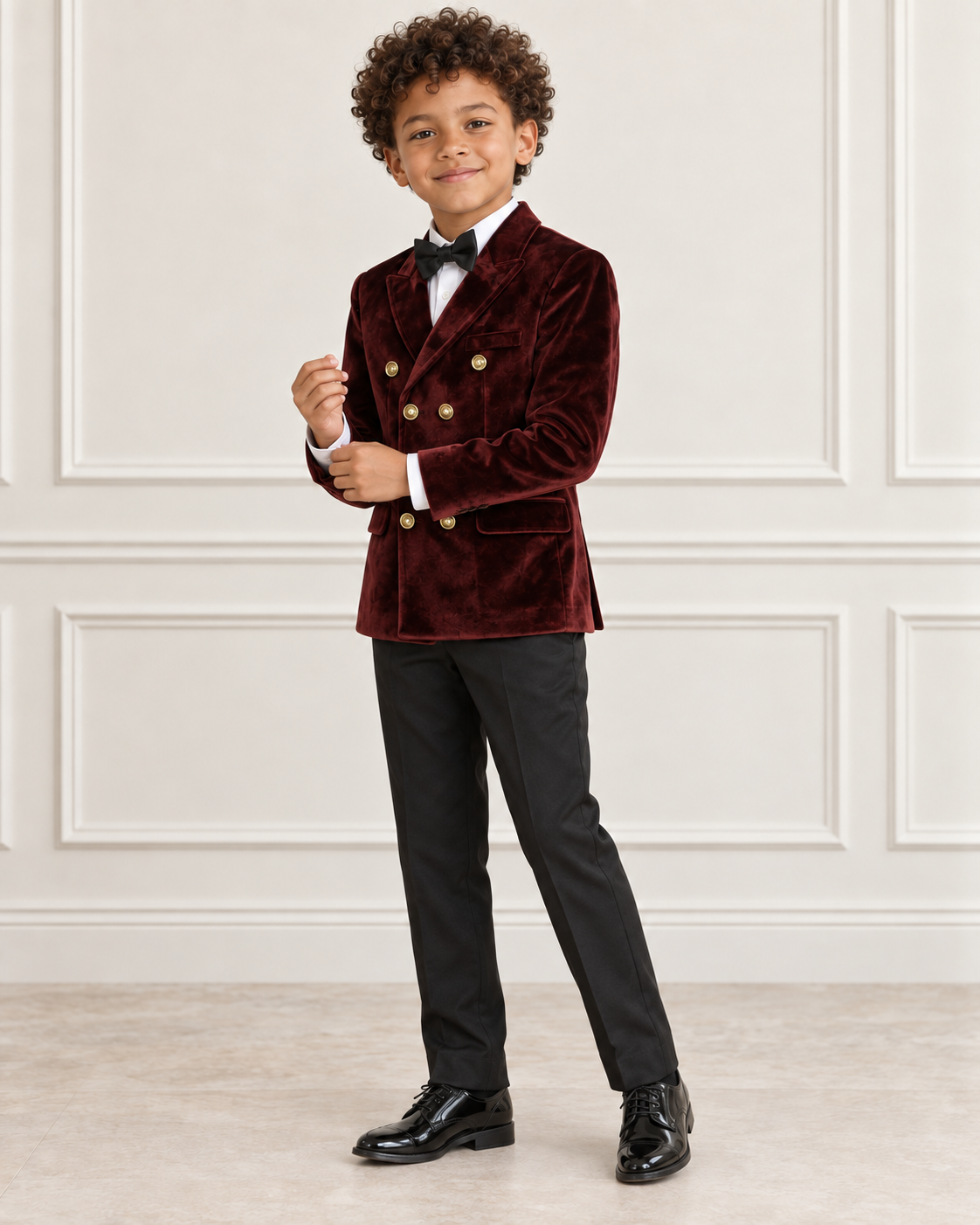 Mixed-race boy wearing the burgundy double-breasted velvet blazer, angled view