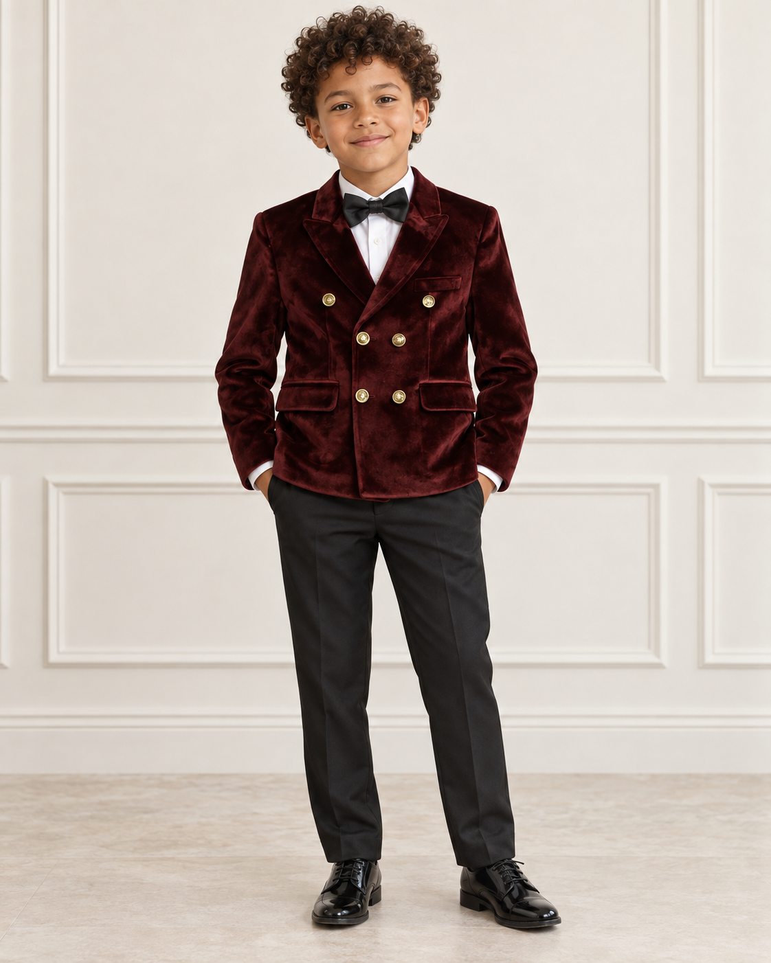 Mixed-race boy wearing the burgundy double-breasted velvet blazer, front view