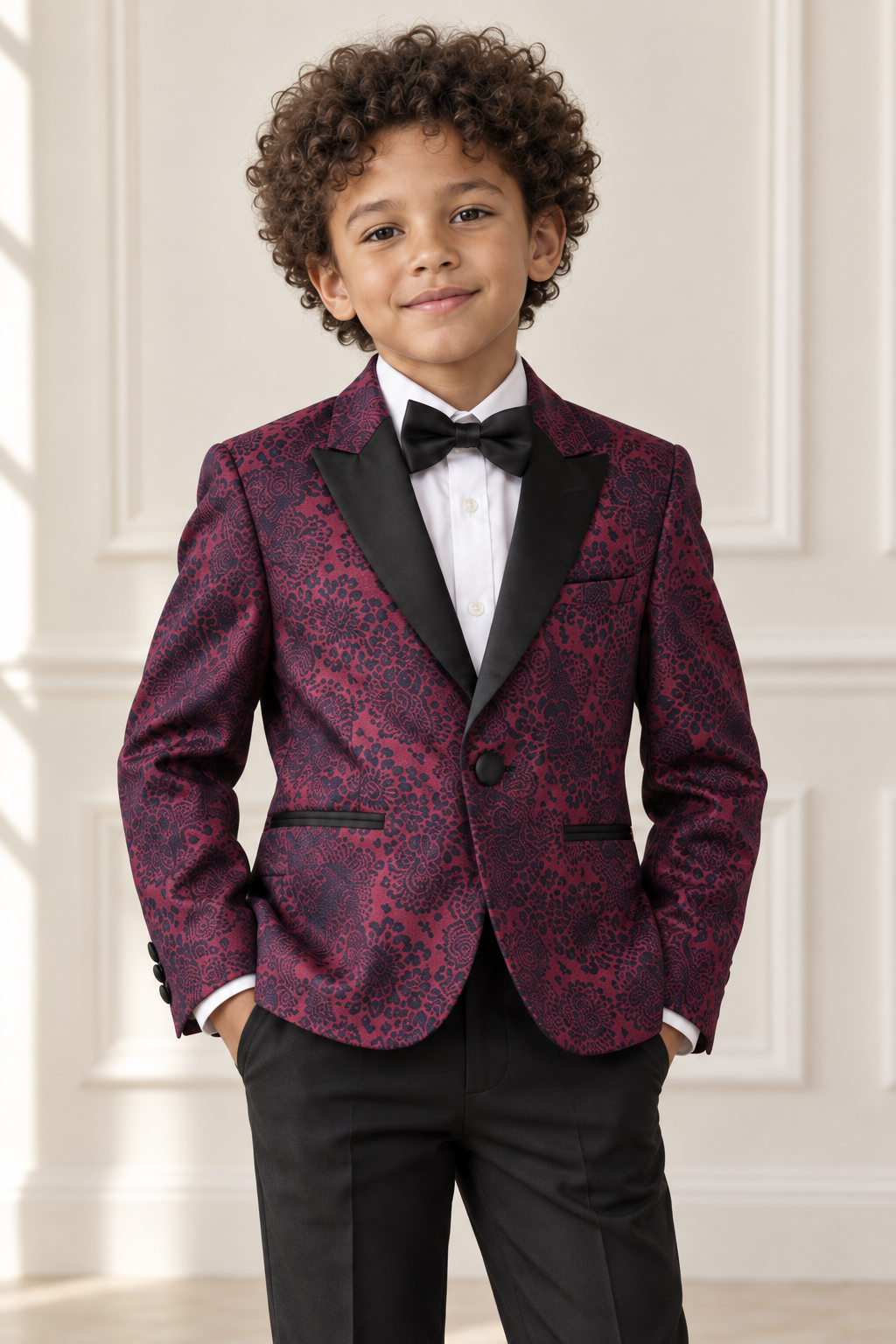 Mixed-race boy wearing burgundy patterned formal suit, detail view