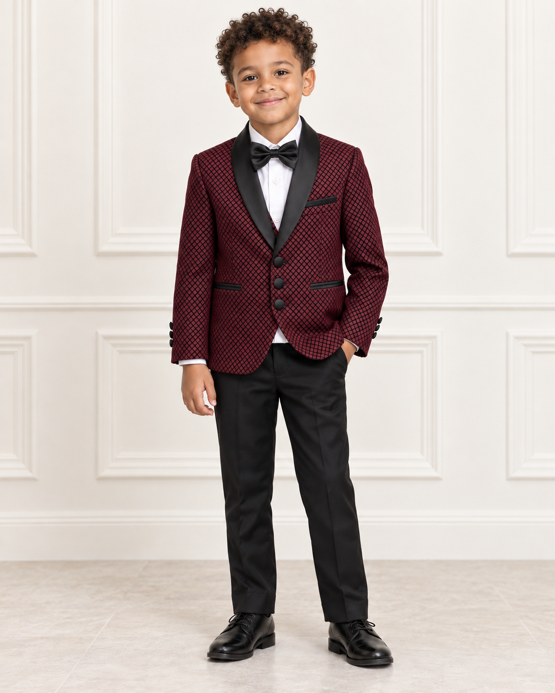 Mixed-race boy around age 8 wearing the burgundy shimmery five-piece tuxedo suit, front view