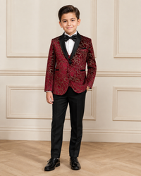 Boy wearing Stylish Burgundy Shimmery 5 Piece Boy Tuxedo Suit front view