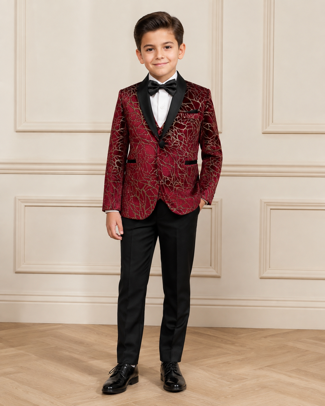 Boy wearing Stylish Burgundy Shimmery 5 Piece Boy Tuxedo Suit front view