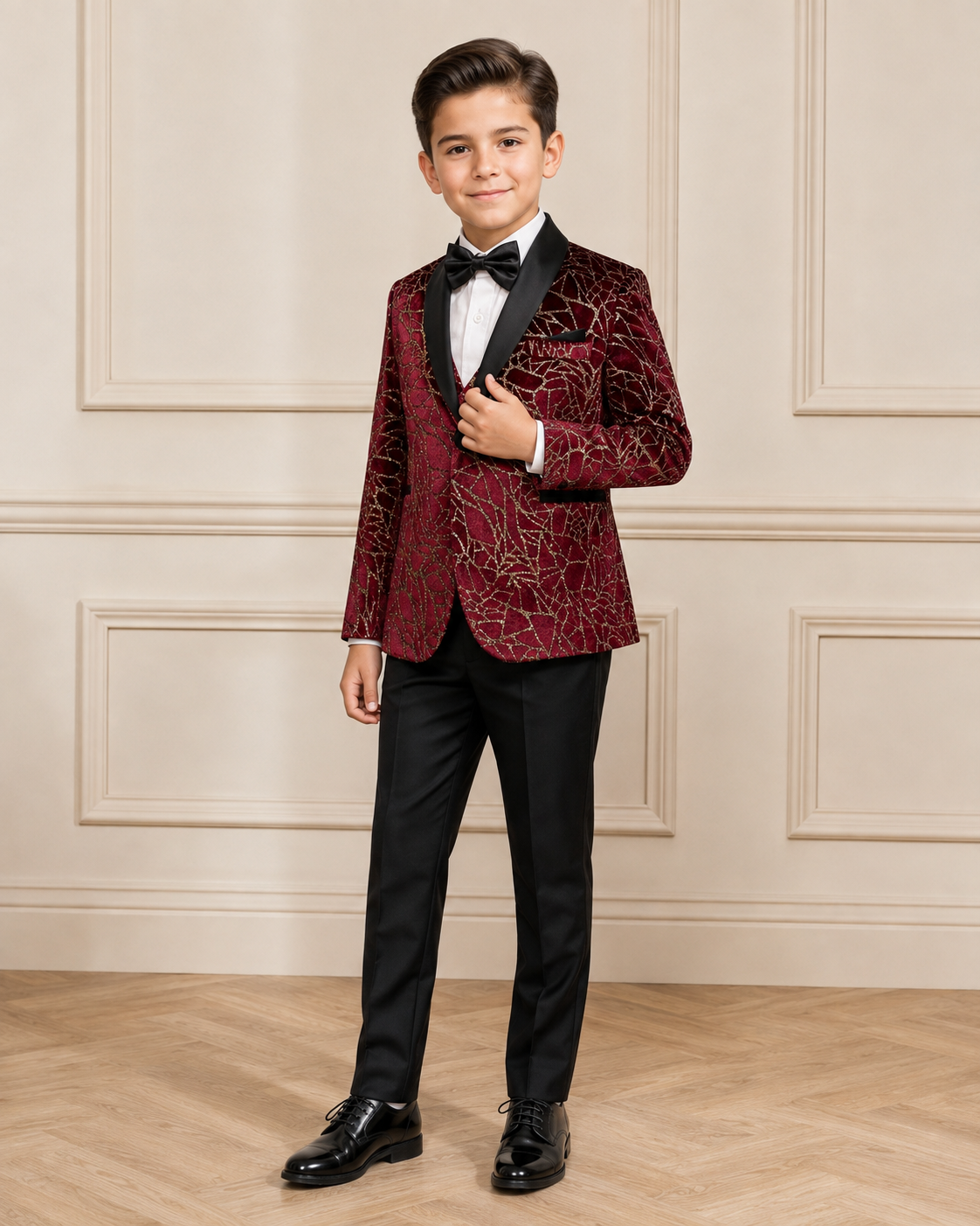 Boy modeling Stylish Burgundy Shimmery 5 Piece Boy Tuxedo Suit