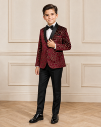 Boy modeling Stylish Burgundy Shimmery 5 Piece Boy Tuxedo Suit