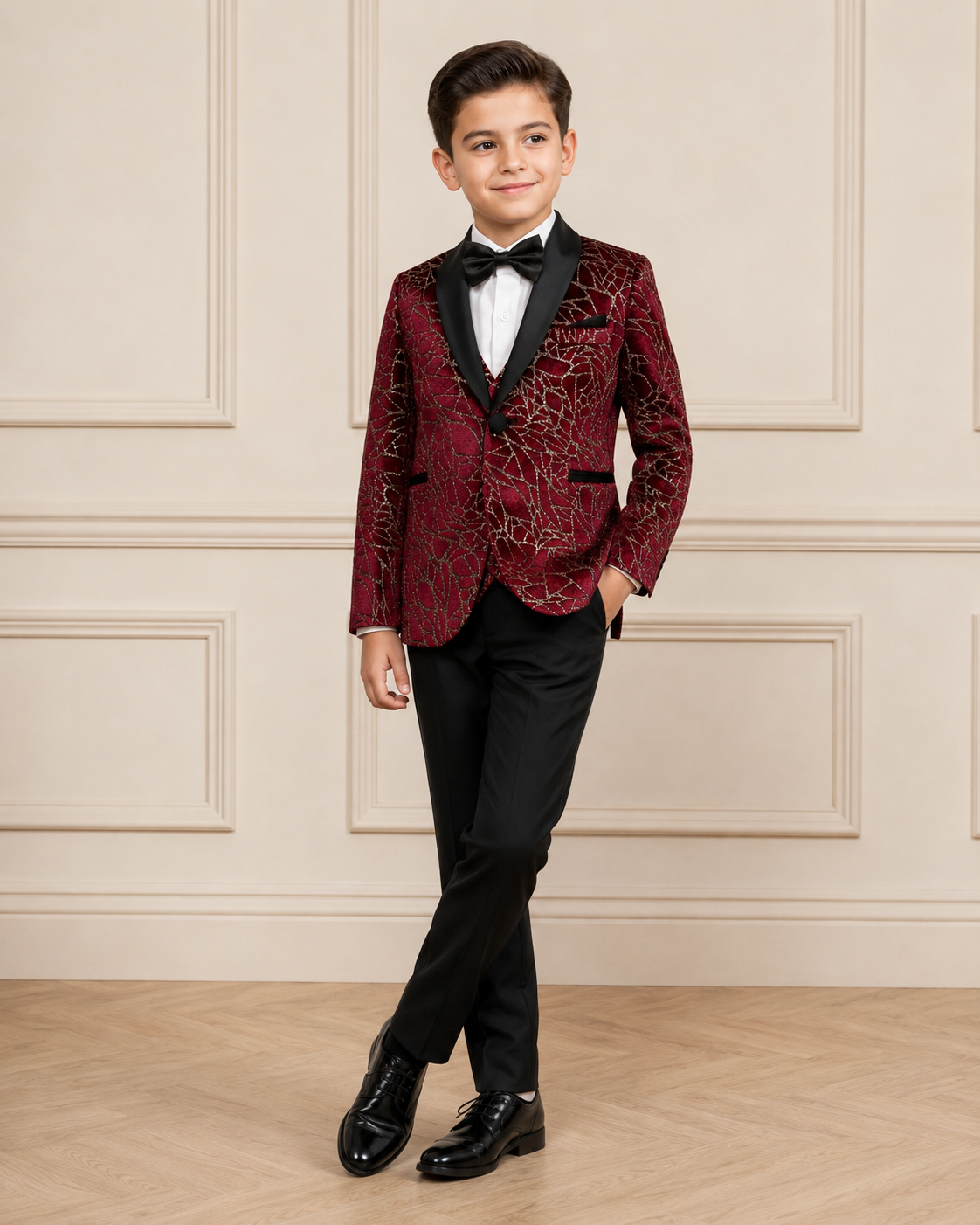 Boy modeling Stylish Burgundy Shimmery 5 Piece Boy Tuxedo Suit alternate pose