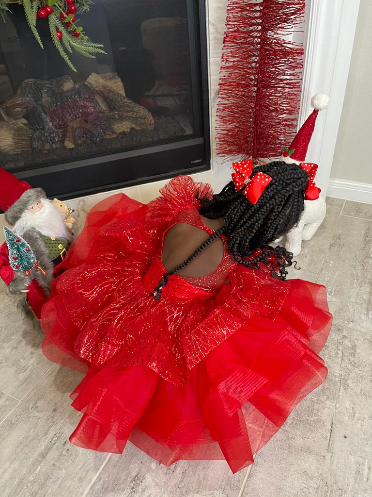 Baby Girl Puffy Shimmery Princess Christmas Red Party Dress