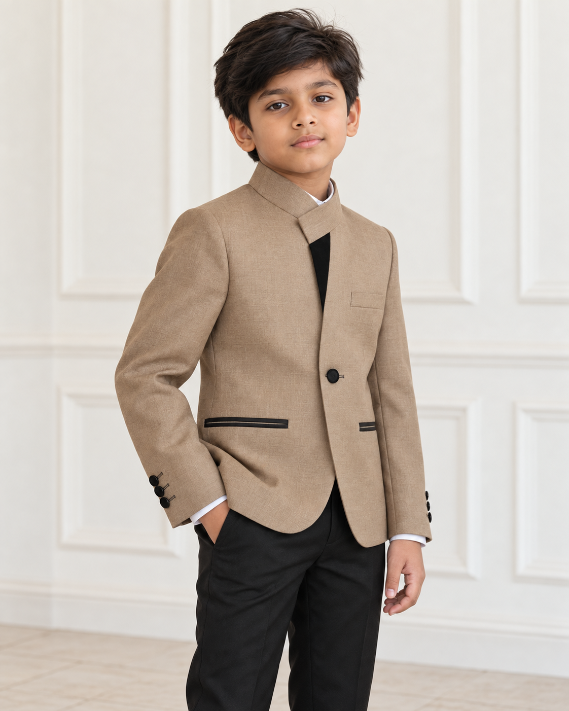 Indian boy wearing Deluxe Brown Boy Blazer - angled view