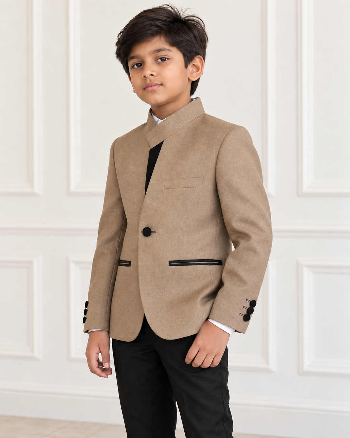 Indian boy wearing Deluxe Brown Boy Blazer - detail view