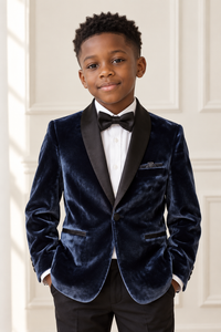 Black boy modeling the Deluxe Velvet Midnight Blue Boy Blazer - front view
