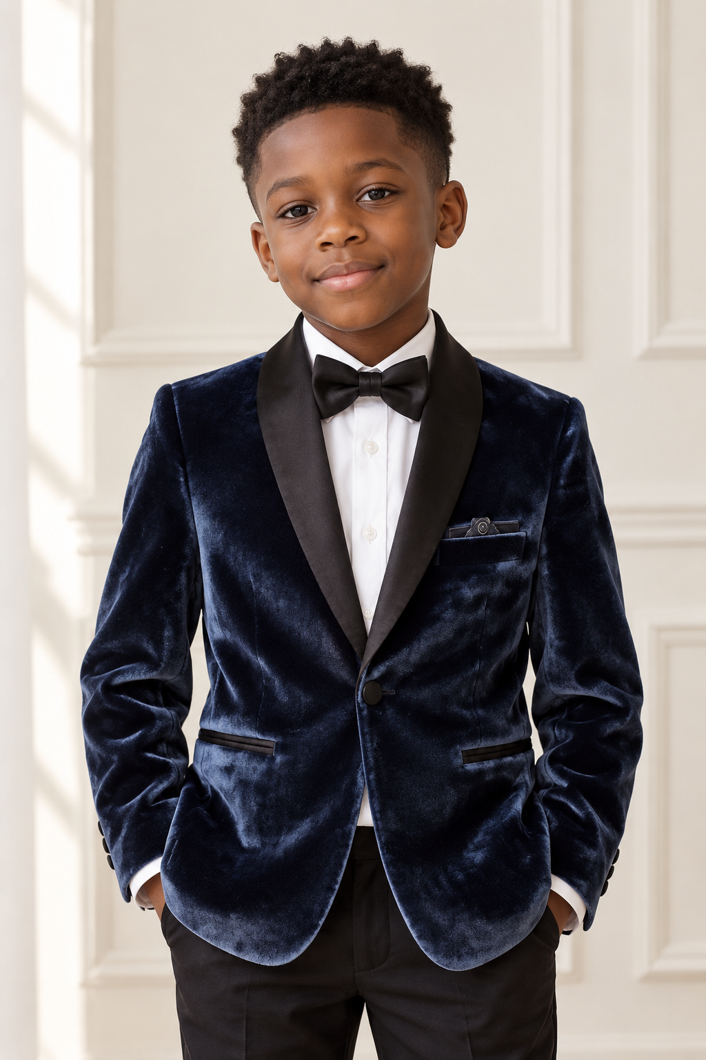 Black boy modeling the Deluxe Velvet Midnight Blue Boy Blazer - front view
