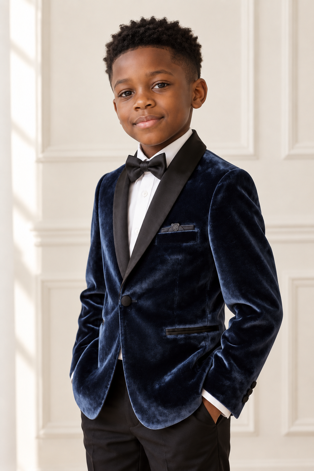 Black boy modeling the Deluxe Velvet Midnight Blue Boy Blazer - angled view