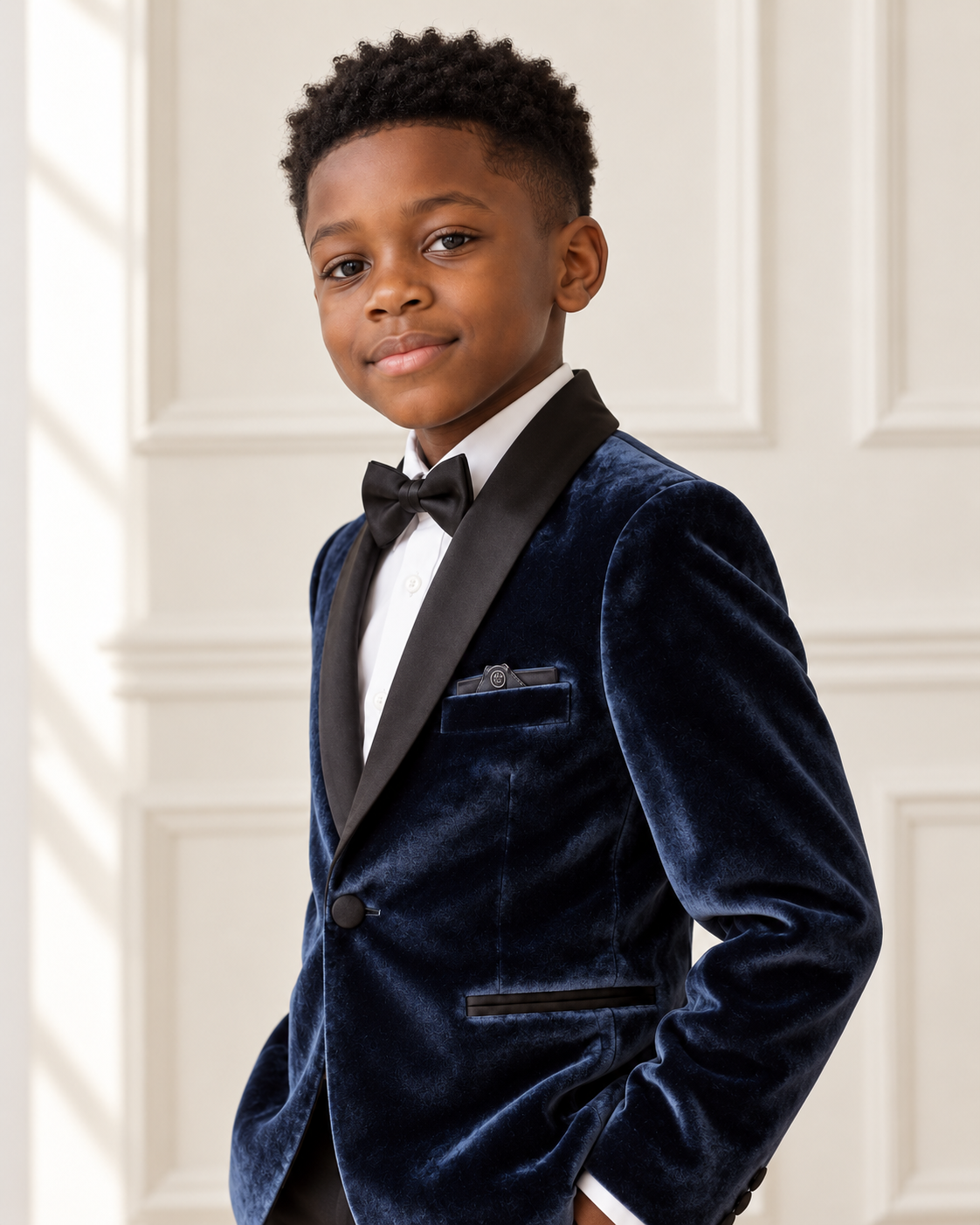 Black boy modeling the Deluxe Velvet Midnight Blue Boy Blazer - detail view