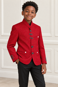 Black boy wearing Deluxe Red Boy Blazer - angled view