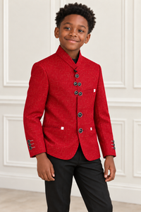 Black boy wearing Deluxe Red Boy Blazer - detail view