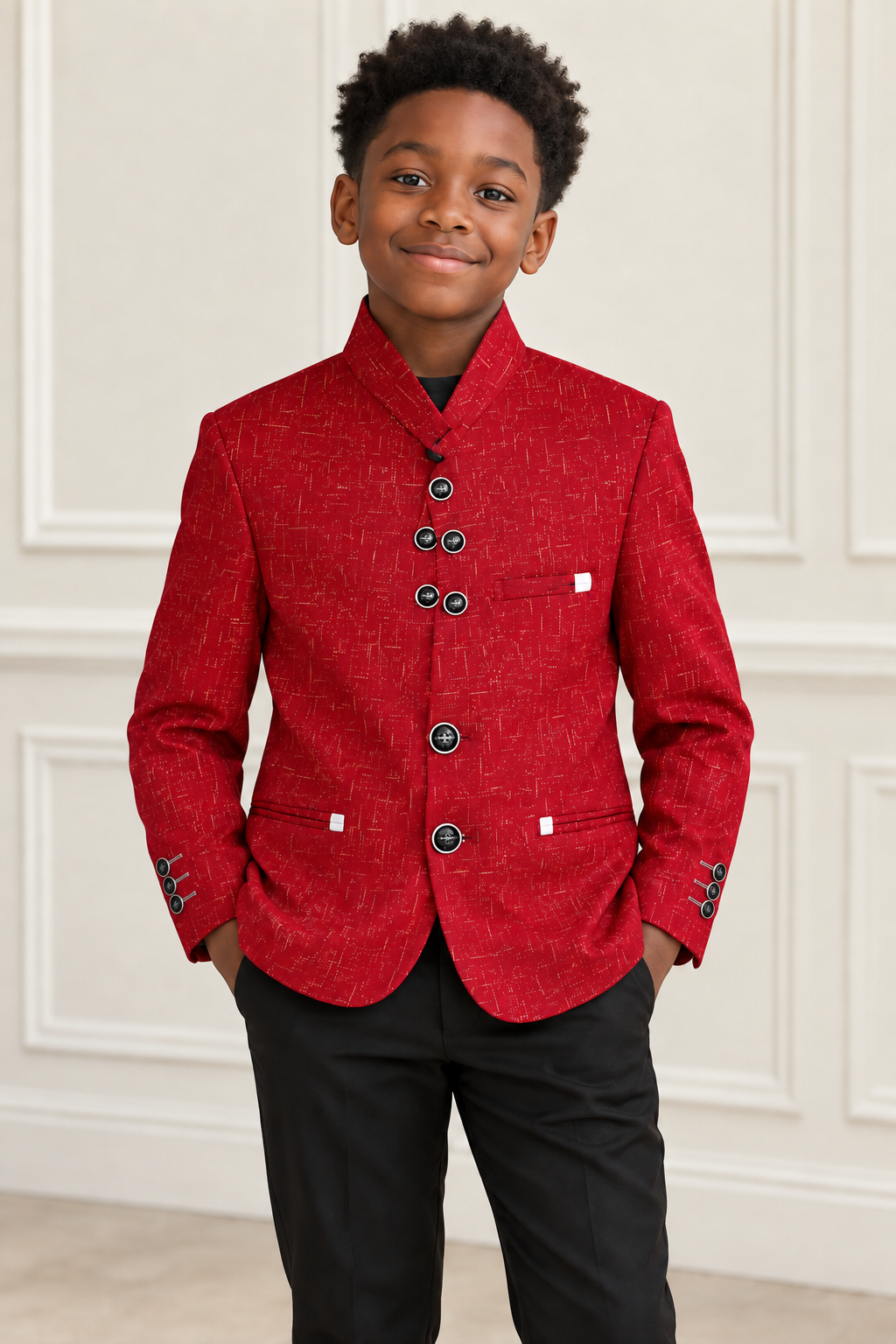 Black boy wearing Deluxe Red Boy Blazer - front view