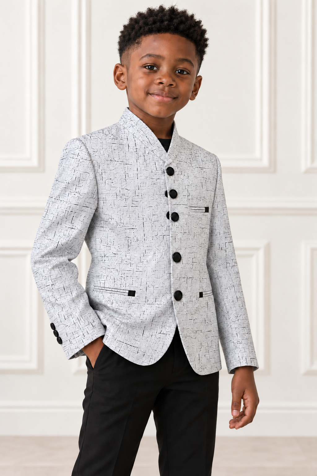 Black boy wearing Deluxe White Boy Blazer - angled view