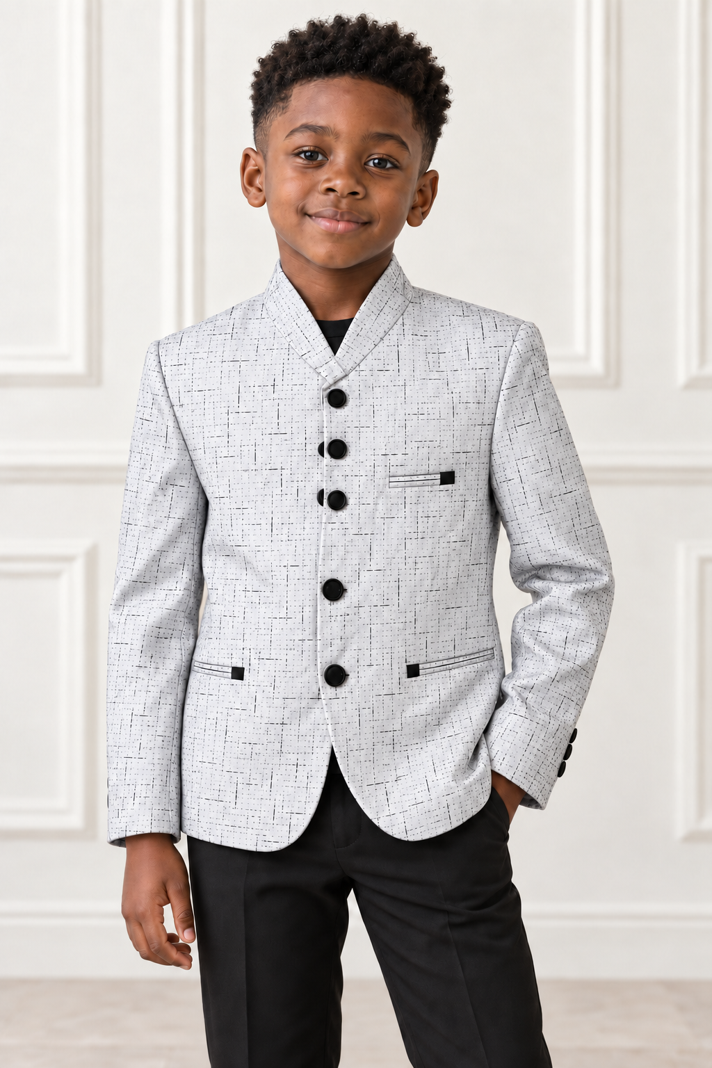 Black boy wearing Deluxe White Boy Blazer - front view