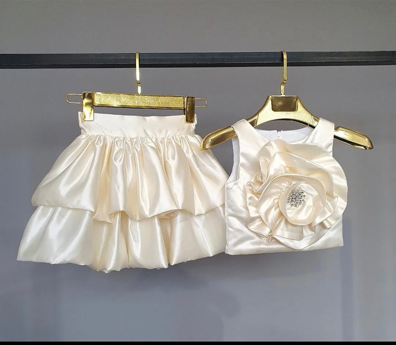 White Satin Girl Puffy Skirt and Flowery Top Matching Set