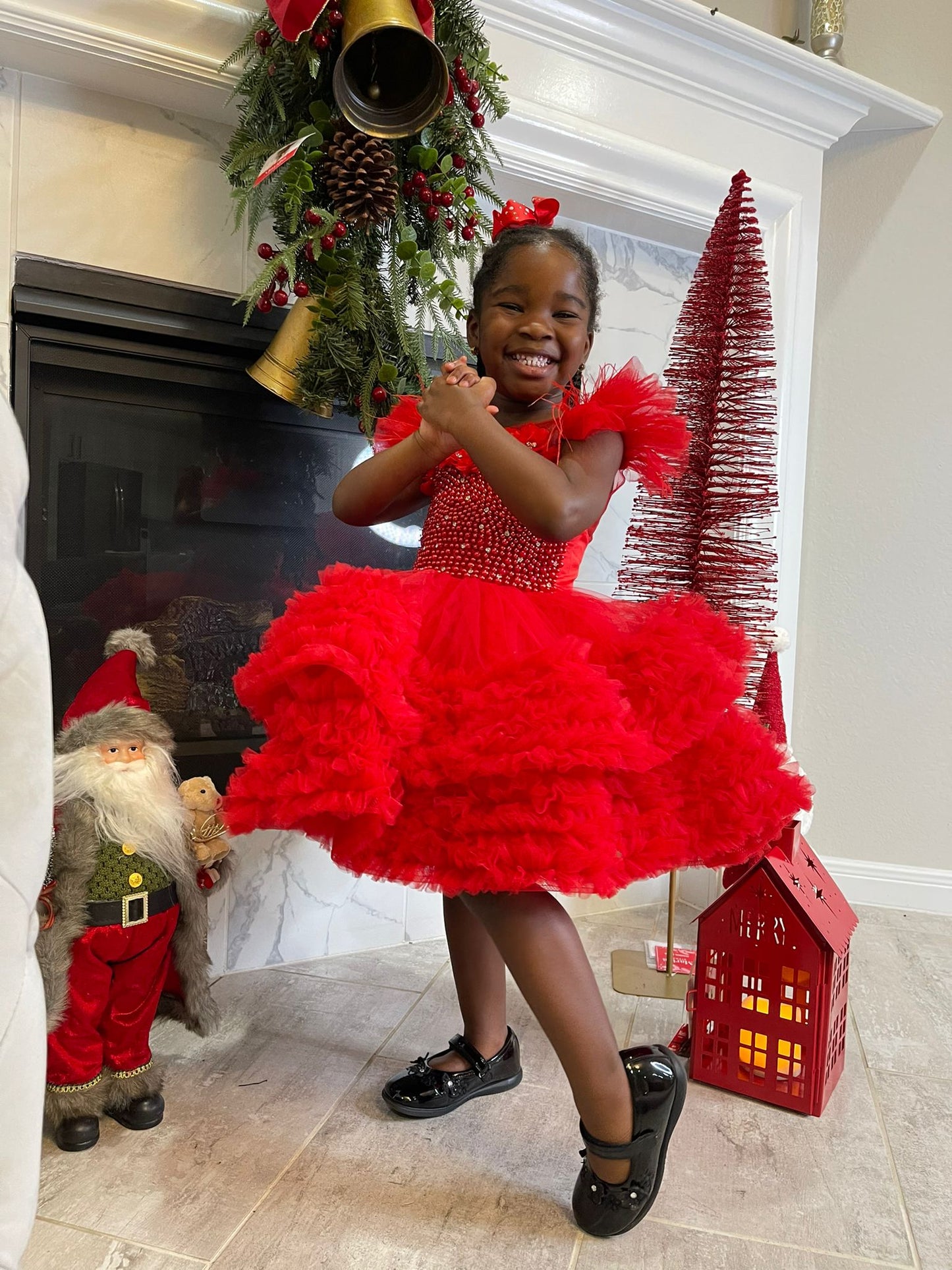 Baby Girl Red Puffy Beaded Princess Christmas  Party Dress