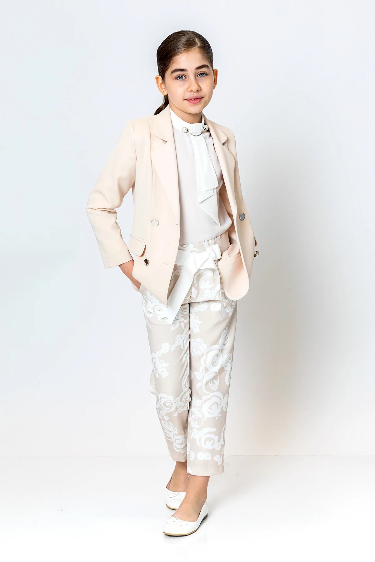 Girl Cream Flowery Belted Pants