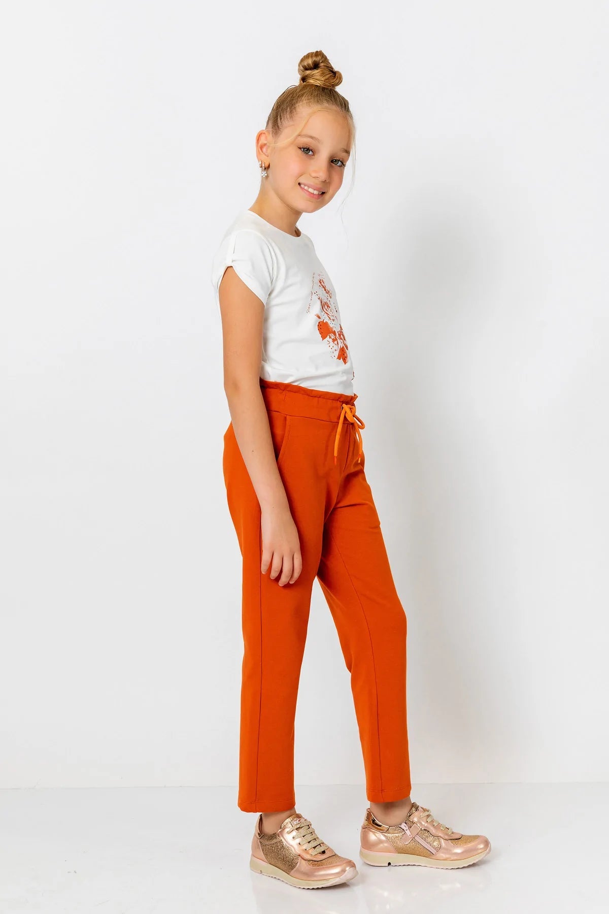 Girl Orange Waist Stripped Pants