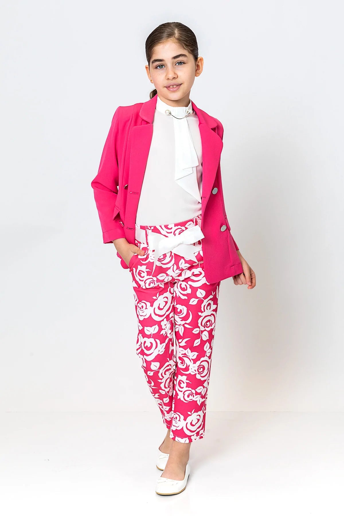 Girl Pink Floral Belted Pants