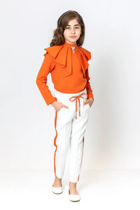 Girl Elastic Waist Stripped Orange and White Pants