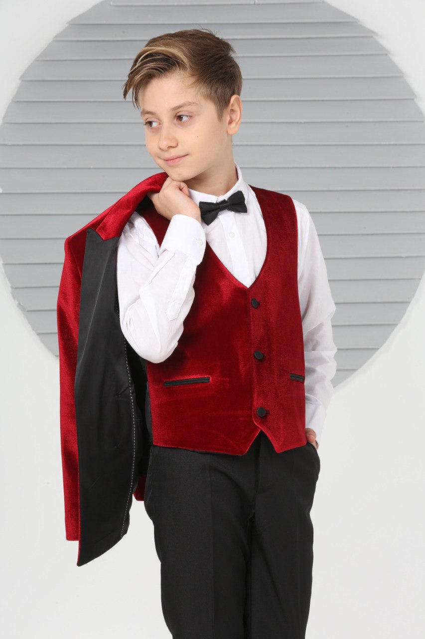 Burgundy Velvet 5 Piece Boy Suit Tuxedo