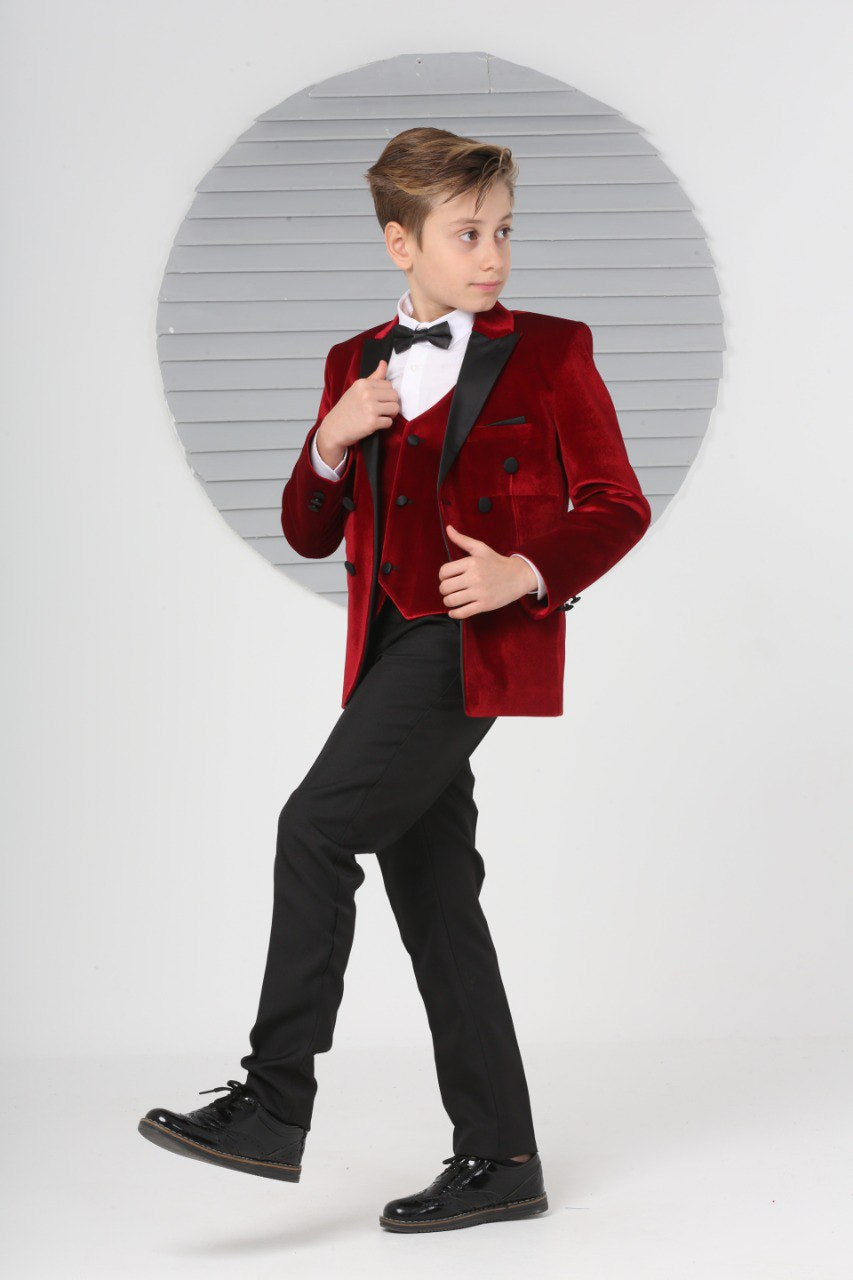 Burgundy Velvet 5 Piece Boy Suit Tuxedo