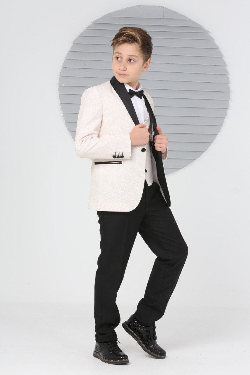 Boys Pageboy Shimmery Wedding Tuxedo Suit in Beige Slim Fit 5 Piece Special Occasion Outfit