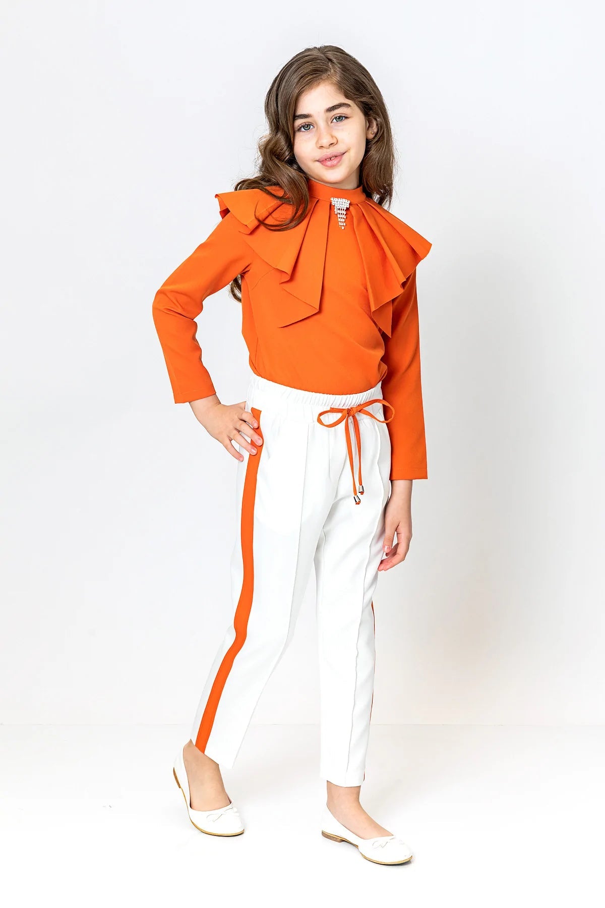 Girl Elastic Waist Stripped Orange and White Pants