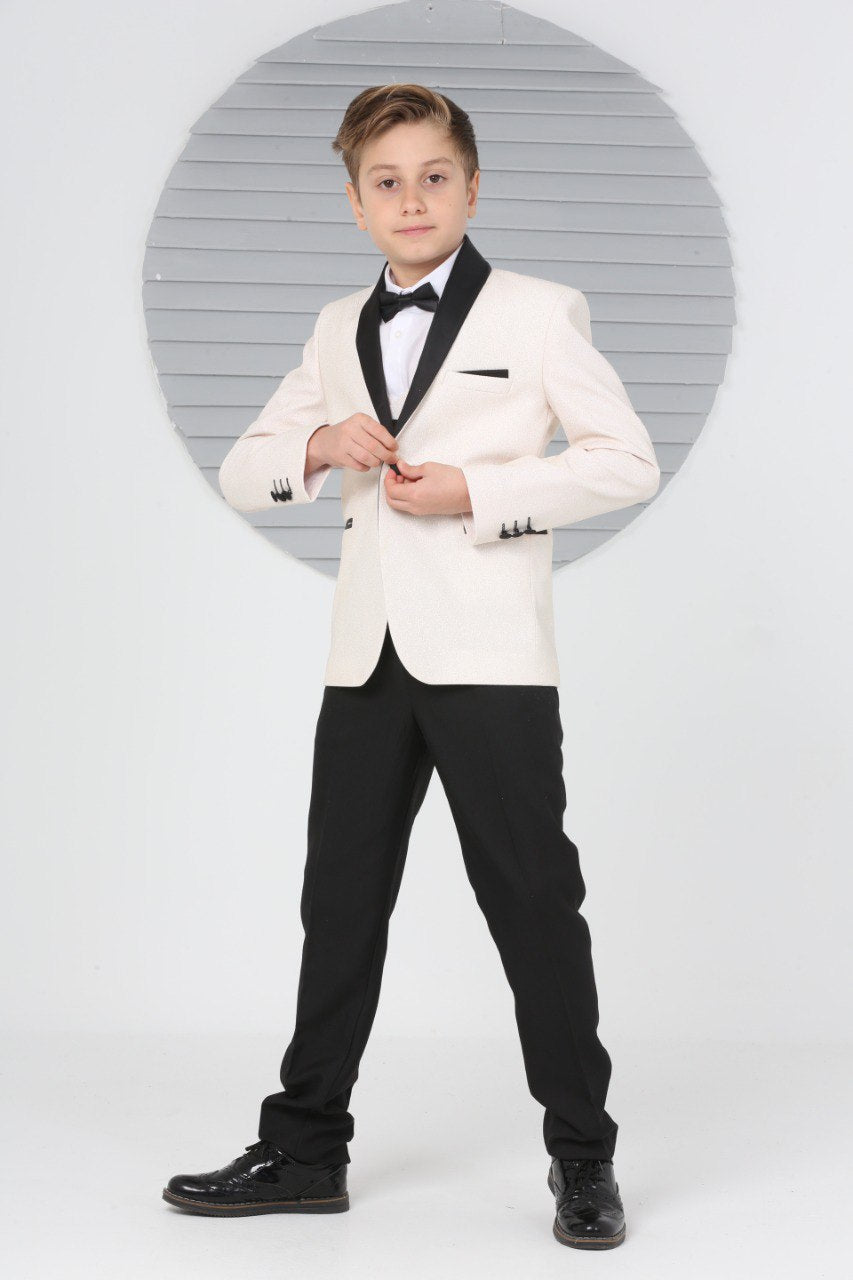 Boys Pageboy Shimmery Wedding Tuxedo Suit in Beige Slim Fit 5 Piece Special Occasion Outfit