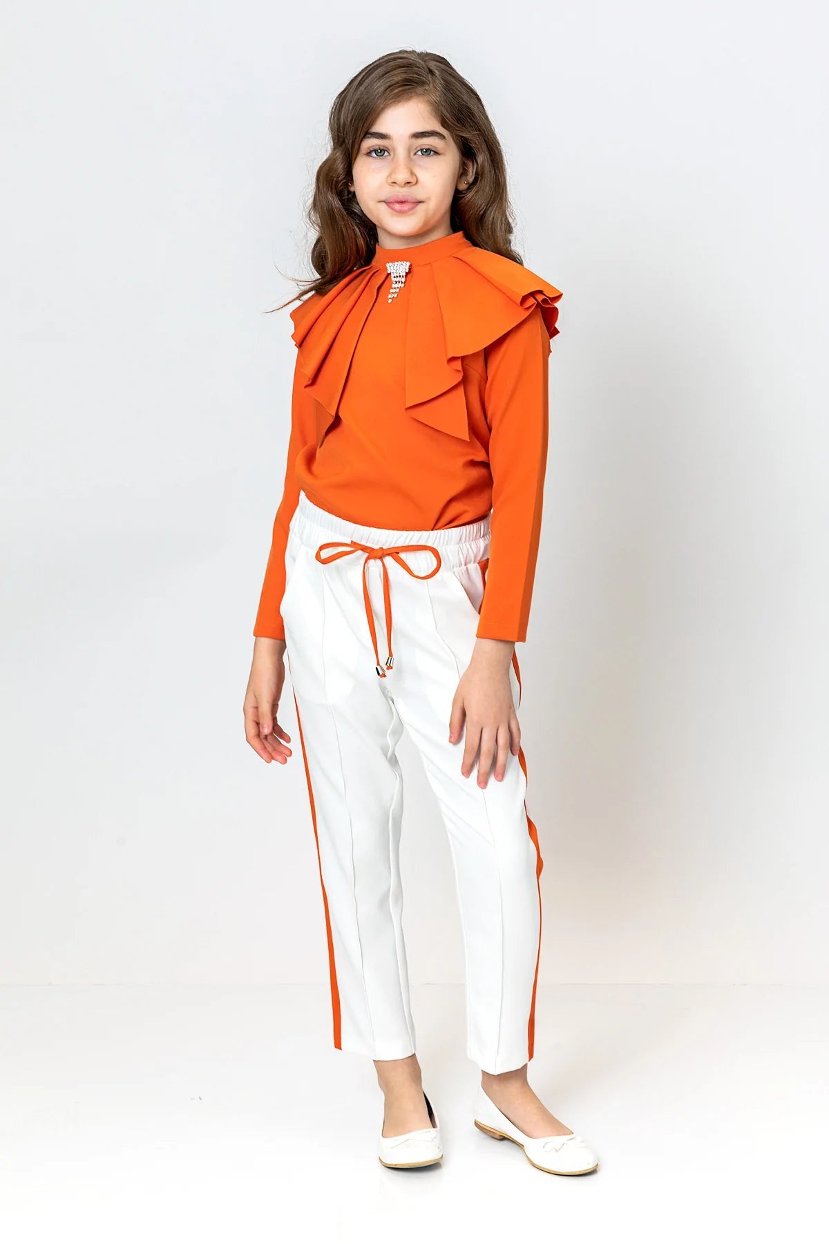 Girl Elastic Waist Stripped Orange and White Pants