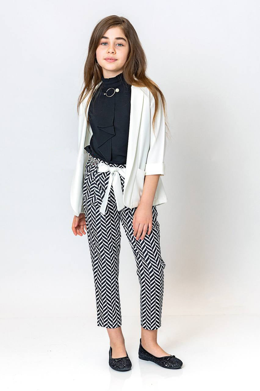 Girl Black and White straight legged Belted Pants