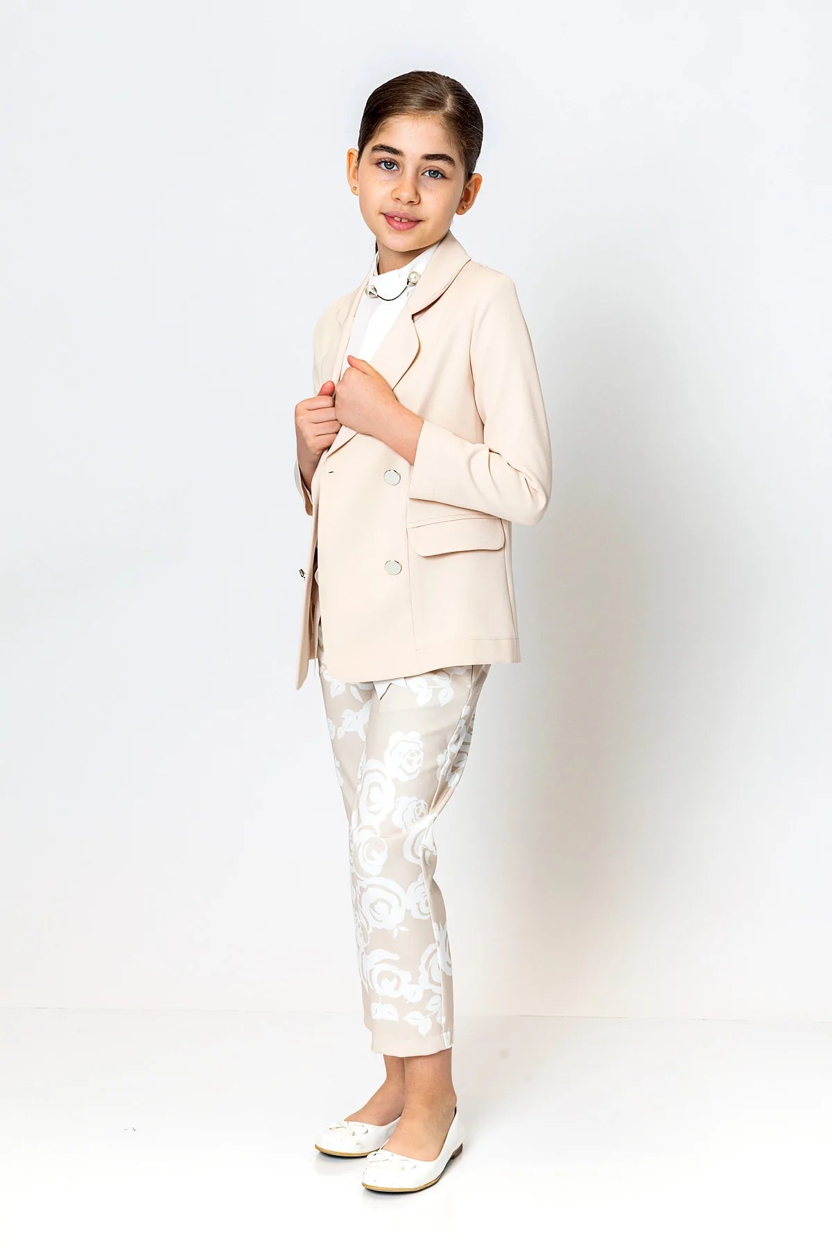 Girl Cream Flowery Belted Pants