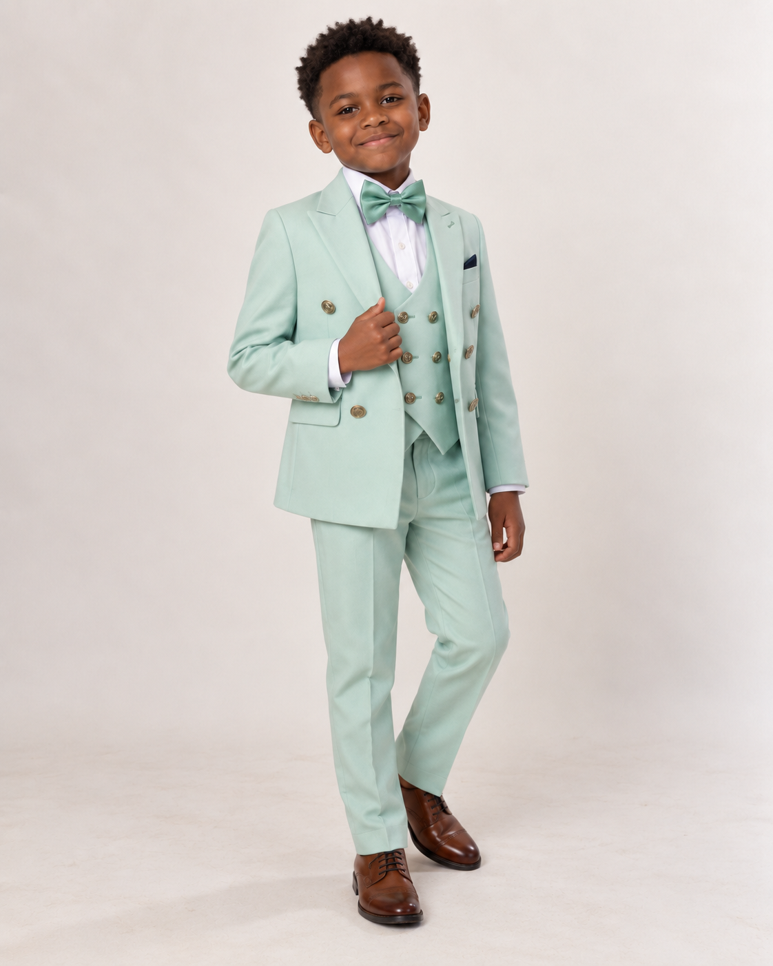 Black boy wearing mint green five-piece tuxedo, angled full-body view