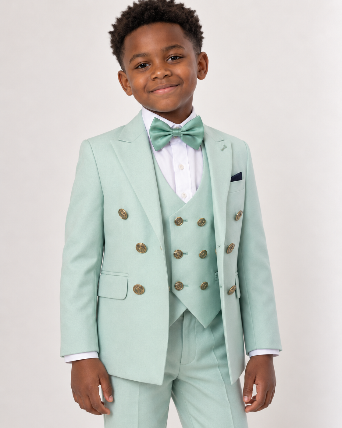 Black boy wearing mint green five-piece tuxedo, jacket and vest detail
