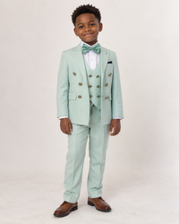 Black boy wearing mint green five-piece tuxedo, front view