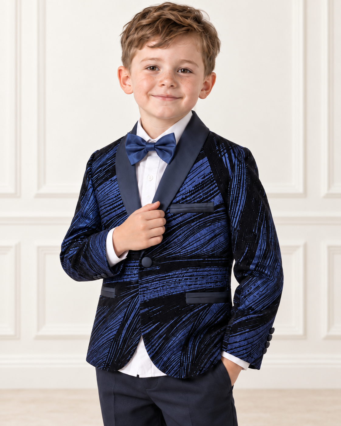 White boy wearing navy blue shimmery tuxedo, jacket detail
